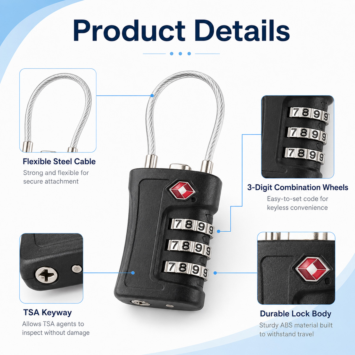 TSA Approved Luggage Lock 3 Di - Cable Lock Combination 评论和价格